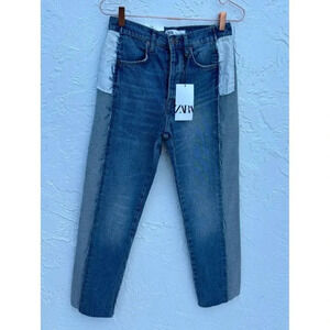 Zara Ruffled Womens Crop Straight Leg Button Fly Patchwork Denim Jeans Blue Sz 4